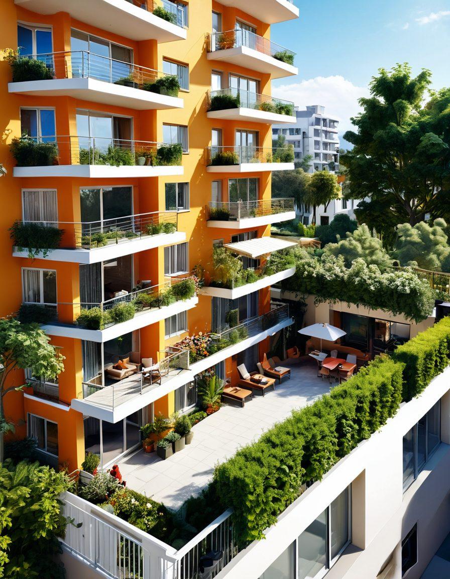 A vibrant cityscape featuring modern, stylish apartments and flats with lush greenery and joyful residents enjoying life. Include elements like a sunny sky, people engaging in activities like gardening or socializing on balconies, and beautiful architecture that exemplifies comfort and happiness. Reflect a sense of community and warmth in the atmosphere. super-realistic. vibrant colors. 3D.