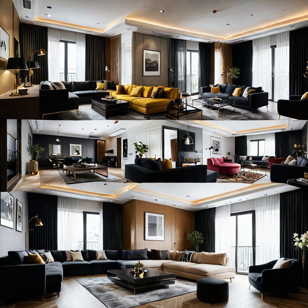 A split-image showcase of two contrasting rental apartments: on one side, an opulent, lavish space with lavish decor and modern luxury amenities, and on the other side, a cozy yet stylish, budget-friendly apartment with smart space utilization. Include elements like price tags and comfortable living areas to depict the balance between luxury and affordability. The atmosphere should feel inviting and aspirational. super-realistic. vibrant colors.