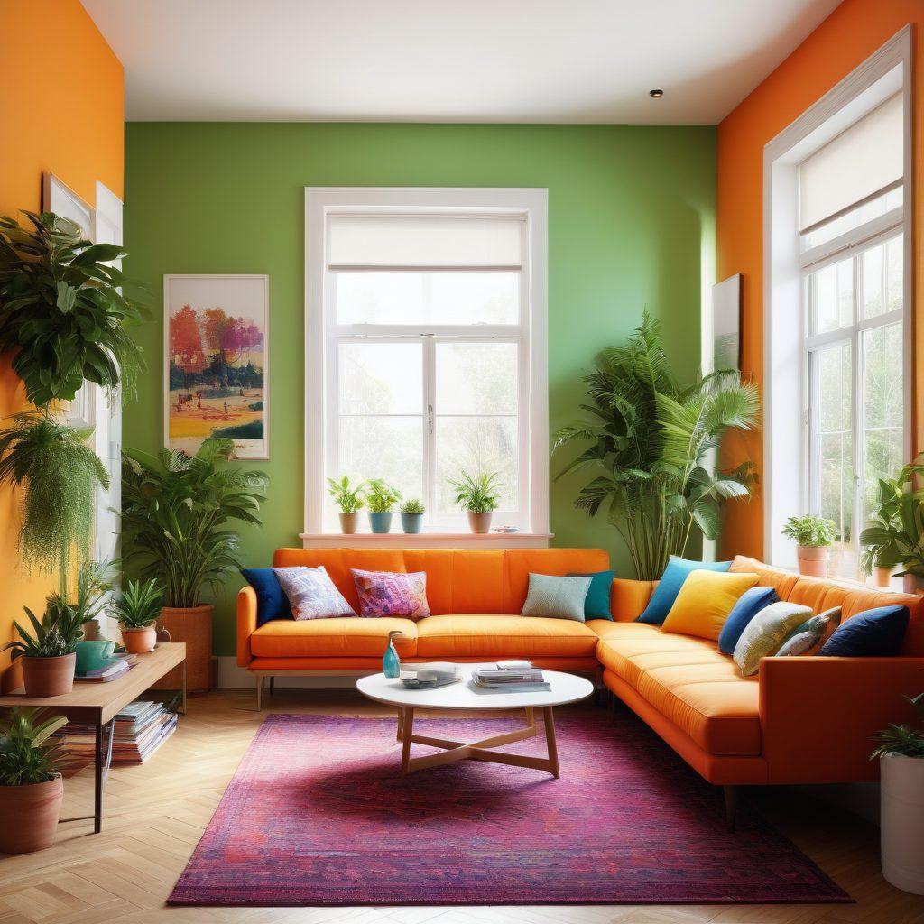 A vibrant living space showcasing diverse flat designs, featuring cozy nooks, open living areas, and lush indoor plants. Include joyful people engaging in various activities like reading, entertaining, and relaxing, to represent the essence of lifestyle transformation. Use a bright, welcoming color palette to evoke happiness and warmth. super-realistic. vibrant colors.
